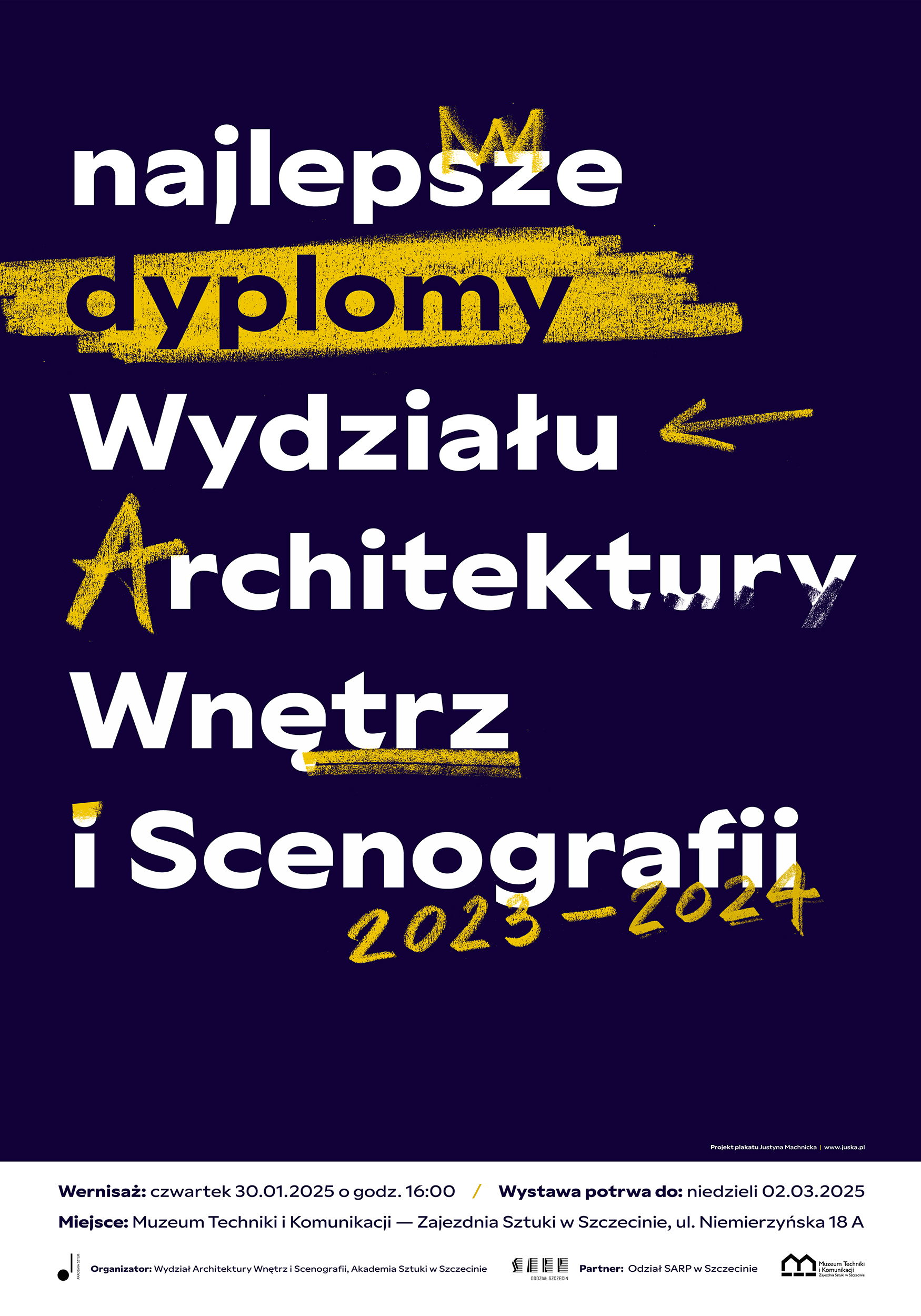 plakat na granatowym tle napisy: Najlepsze Dyplomy Wydziału Architektury Wnętrz i Scenografii 2023/2024