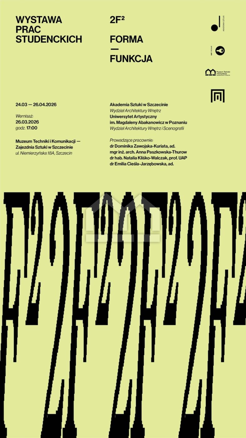 żółte tło z teketem informavcyjnym, dotyczącym wystawy z informacjami o dacie trwania, organizatorach i osobach prowadząych pracownie - wszystkie informacje dostępne treści artykułu. Nawa wystawy. Teksty czarne z 4 literami: 2F² zapisanymi dużą czcionką zjamująca ponad połowę plakaty od dołu.